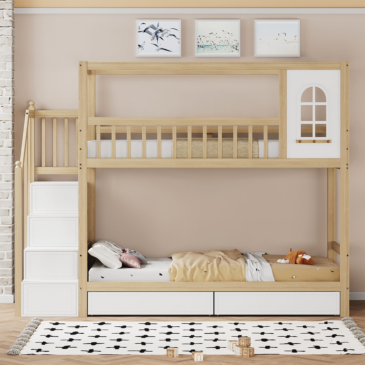 Etagenbett mit Aufbewahrungsschubladen und Sicherheitsleiter Kinderbett Hausbett Jugendbett 90*200cm Holzfarbe