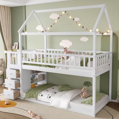 GREATPLANINC Twin over Twin Size House Bunk Bed with Storage Shelves & Drawers