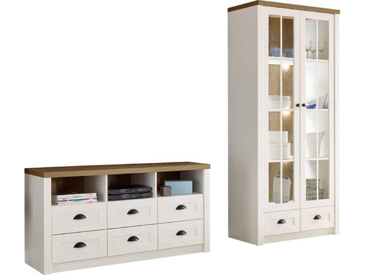 Wohnwand HOME AFFAIRE Beauvais , weiss (weiß pinie dekor, weiß pinie dekor, applikation eichefarben dekor), B:240cm H:198cm T:43cm, Holzwerkstoff, MDF, Kastenmöbel-Sets, Wohnwand