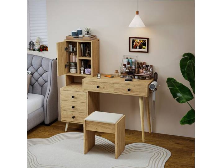 COVREO Coiffeuse moderne 84 x 40 x 120 cm avec miroir escamotable 5 tiroirs meuble latéral et tabouret beige