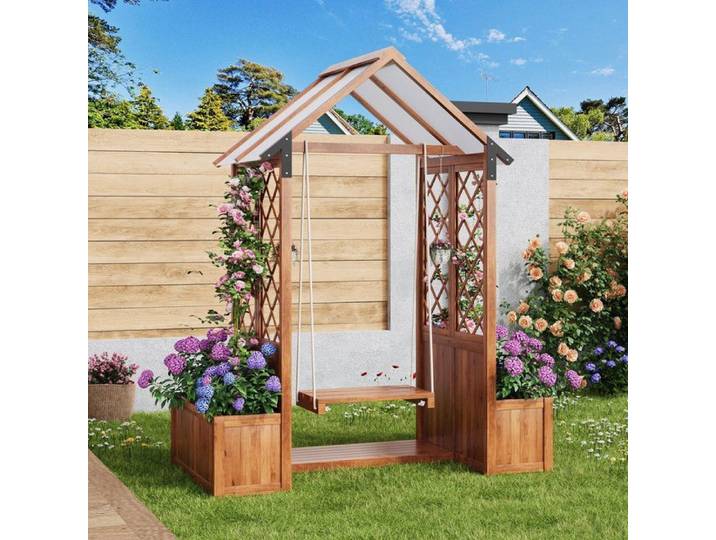 Jardinière avec treillis & balancelle d'extérieur 142x70x163cm bois massif brun convient pour le jardin la cour terrasse