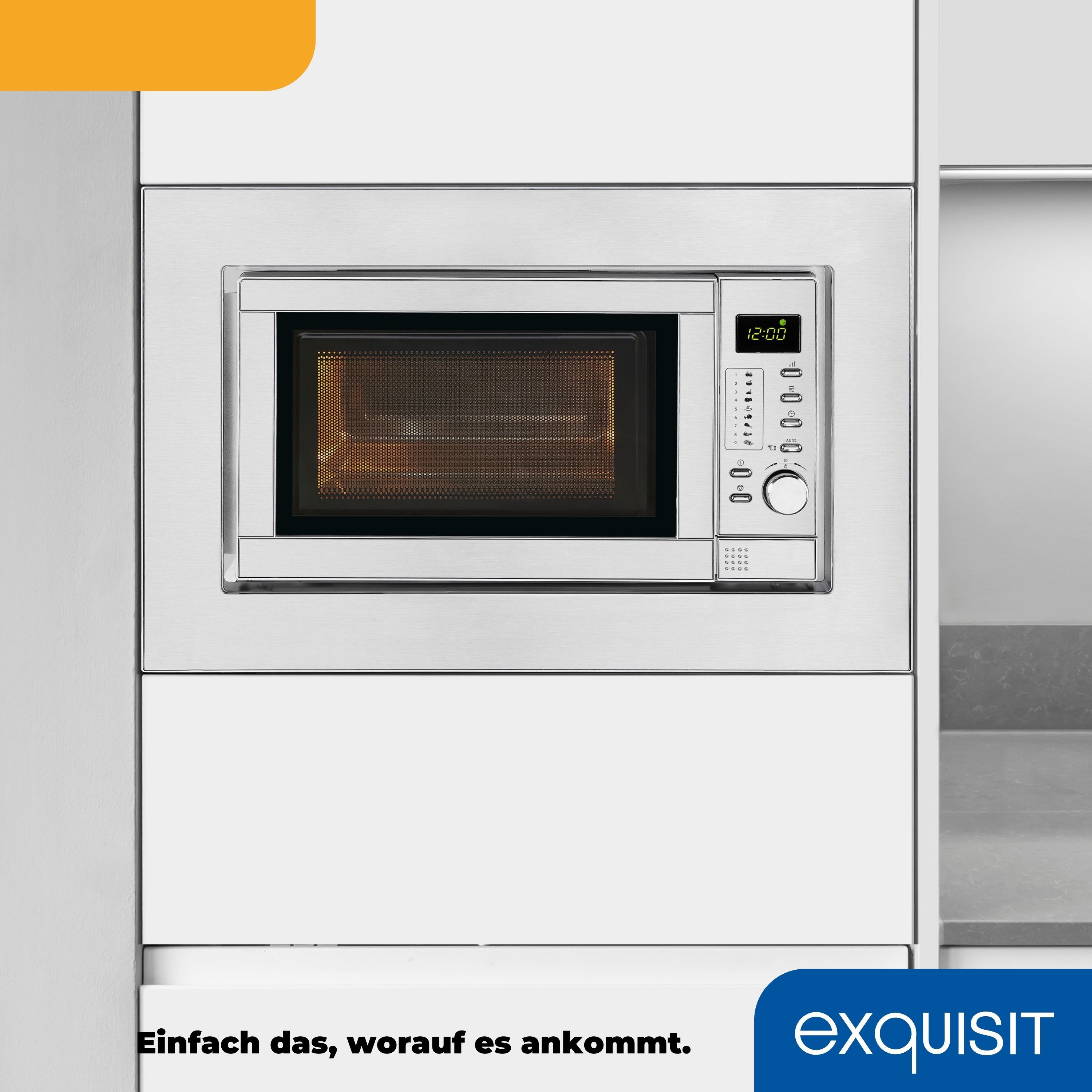 EXQUISIT Einbau-Mikrowelle "EMW 19-7 G", silber (edelstahl), Mikrowellen, Schonend Auftauen,schnell Aufwärmen, Grillen-einfach per Knopfdruck, Einbau-Mikrowelle