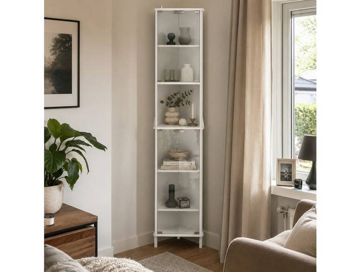 FUFU&GAGA Eckvitrine 173cm Glasvitrine Sammlervitrine Weiß, 4 Glastüren Eck-Design, Kippsicherung inklusive