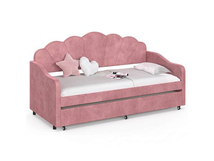 Lit Banquette Gigogne Coquillage Amanda 2 X 90 X 190 Cm Avec 2 Sommiers Velours Rose Poudré