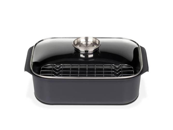 GSW Rôtissoire rectangulaire Gourmet avec couvercle en verre aromatique et insert pour gril\, aluminium moulé\, noir\, ø environ 40 x 26 x H 11 cm