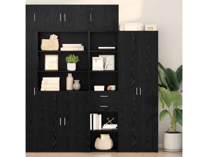 RJPLMFV Oberer Schrank Eiche Schwarz 50 x 42,5 x 185 cm Holzwerkstoff, 2 Schubladen, offene Regale, Griffe aus poliertem Metall, mattes Finish