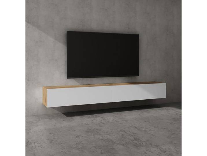 doporro Meuble TV Bas 240 cm Armoire TV Marron Clair + Blanc Mat Table de Télévision Salon avec Portes Meuble TV Suspendu MBTV02