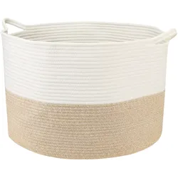 HMF XXL Wäschekorb aus Baumwolle, runder Aufbewahrungskorb mit Griffen, 55 x 35 cm, Weiß-Braun