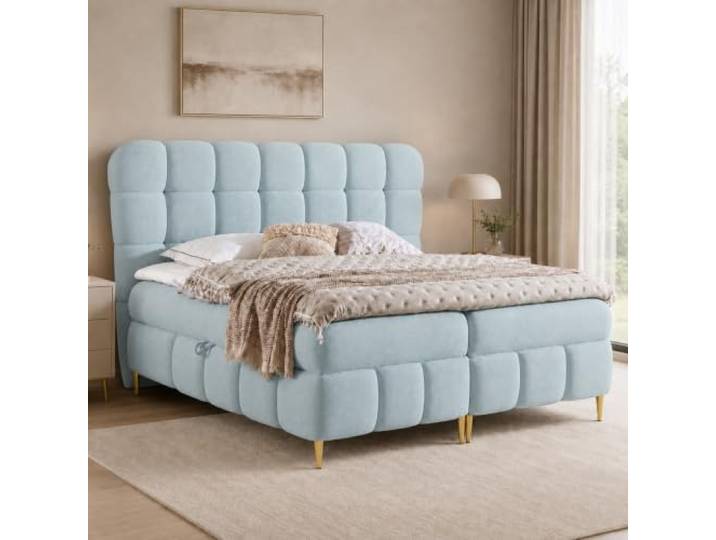 Home Collective Elegantes Polsterbett aus Strukturstoff mit Karosteppung, goldenen Metallfüßen, Stauraum und Taschenfederkern. Doppelbett.
