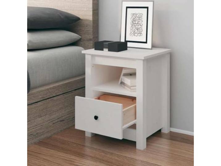 HEFZGDB Nachttisch Weiß 40x35x49 cm Massivholz Kiefer mit Schublade - Stauraum für Bücher und Zeitschriften - Rustikales Design - Einfache Reinigung und Montage