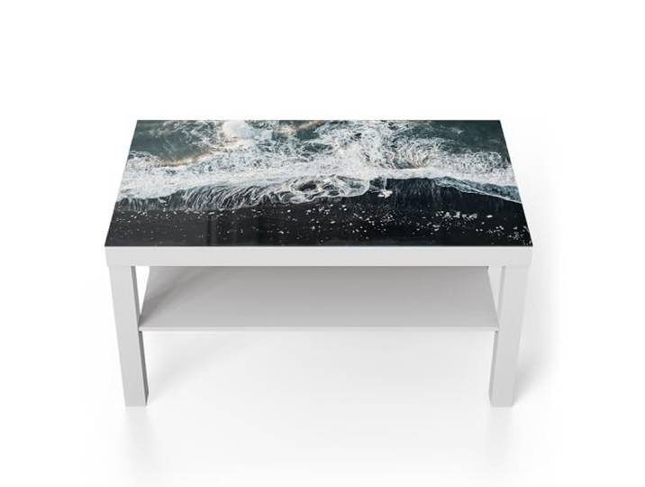 DEQORI Glastisch weiß groß 90x50 cm Motiv Gischt & Lavagestein ausgefallener Beistelltisch aus Glas Hochglanz Couchtisch fürs Wohnzimmer moderner Couch Tisch mit Design