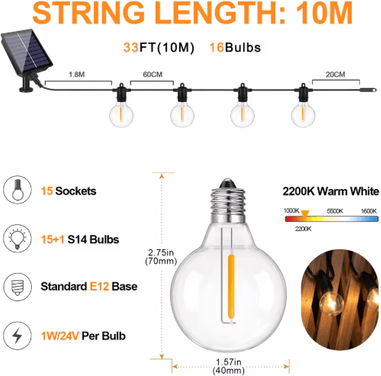 Inspire Picks G40 Solar Globe String Lights With Remote Dimmable Waterproof Patio Hanging Lights 10m(32ft) 15bulb with Remote Control