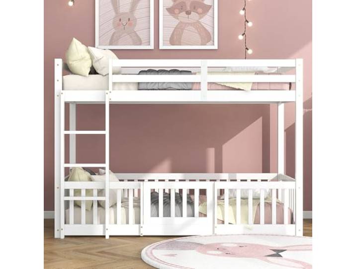 ModernLuxe Etagenbett mit rechtwinkliger Treppe, Massivholz, weiß (200x90 cm), Kinderbett mit Fallschutz, Gitter und Stauraum, ohne Matratze
