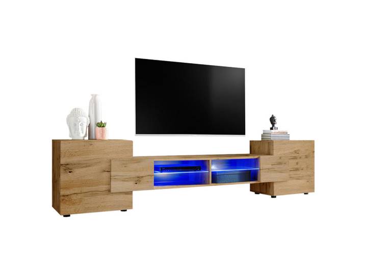 Komodee Lowboard Merano Eiche Wotan, Blau LED Beleuchtung, Eiche Wotan, Eiche Wotan, Eiche Wotan, 4 Fächer, Rechteckig, 230x52.5x35 cm, Wohnzimmer, TV Möbel, Lowboards, Lowboards stehend