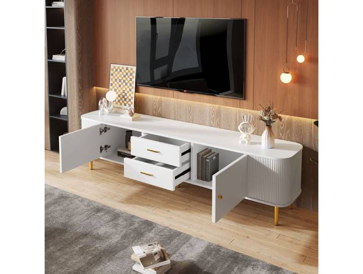 Meuble TV Contemporain aux Coins Arrondis et Pieds Dorés - Meuble Bas TV Élégant en MDF Solide - Blanc - 170×34×45 cm