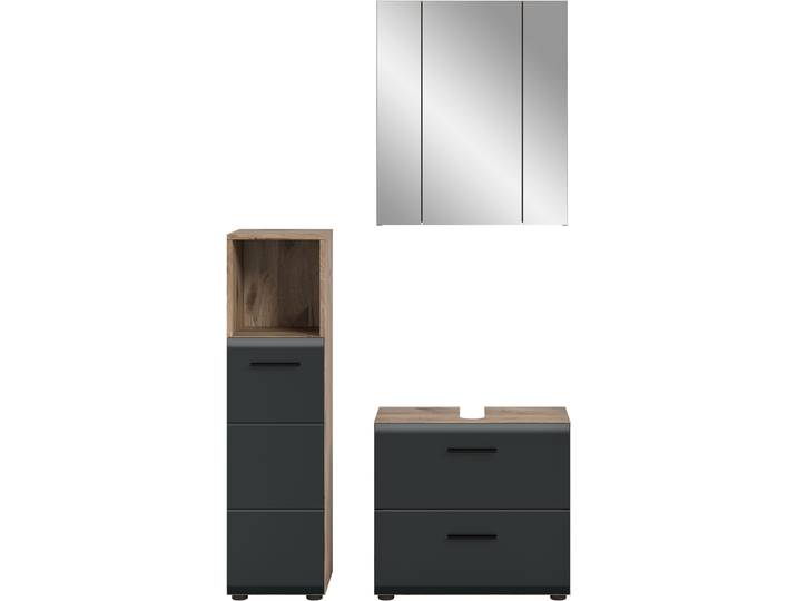 Badmöbel-Set WELLTIME FLORENZ, 3-teilige Badkombination, hochwertige MDF-Front , schwarz (nox oak nb, schwarz matt), B:105cm H:185cm T:32cm, Kastenmöbel-Sets, Badmöbel-Set, Bad-Kombination, Bad-Möbel, Badezimmer, Kombination, Kombi