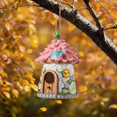 "Glitzhome 9""H Resin Petal-Shaped Roof Forest Cabin Outdoor Garden Birdhouse Birdfeeders"
