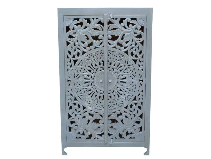 Stauraumschrank GOODPRODUCT Kenmare , grau, B:100cm H:165cm T:40cm, Massivholz, Schränke, Stauraumschrank, Mangoholz, dekorative Schnitzereien, Breite 100 cm