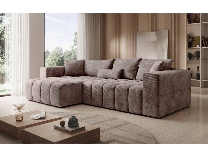 Designer Ecksofa Momo mit Schlaf- und Klappfunktion in Cord - Cord - Blush - Links - Luxusbetten24