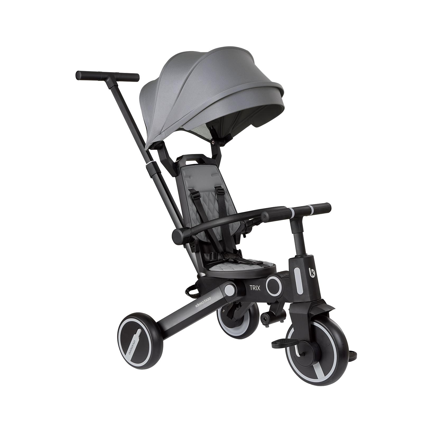 Kikkaboo Dreirad, Tricycle Trix 3 in 1 Schiebegriff, Sonnendach faltbar, Gurt grau