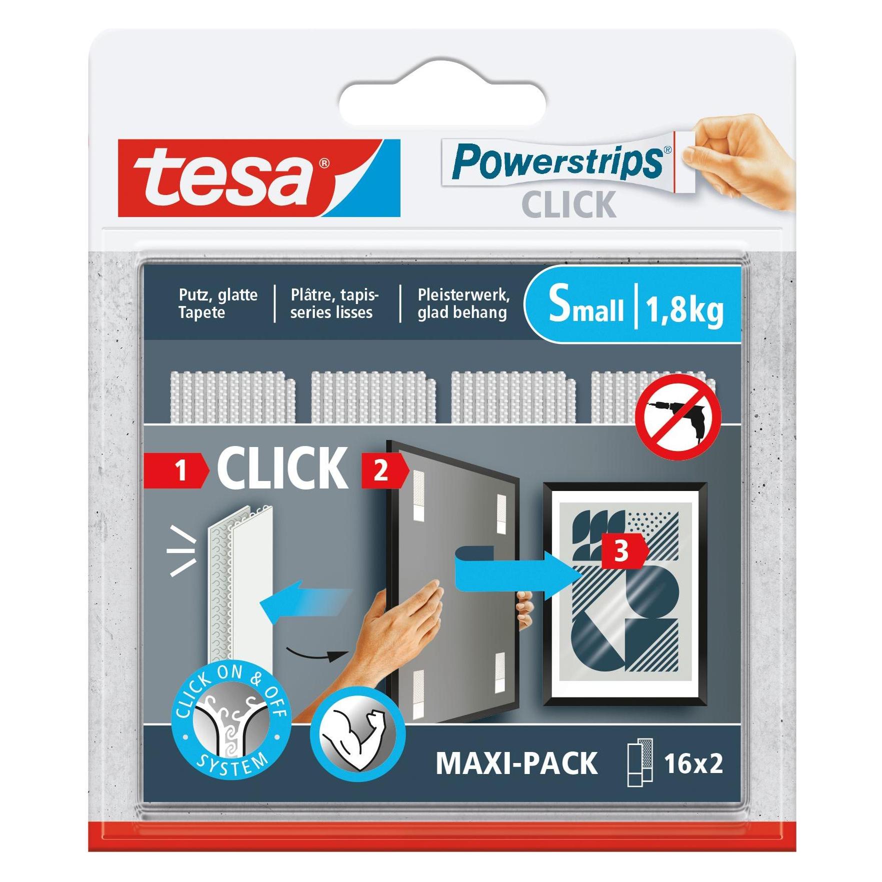 tesa Powerstrips CLICK - Klett-Klebepads - Bilder aufhängen ohne Bohren - Small 1,8kg - 16 x 2 Stück (20 mm, 1.80 kg) (77720-00020-00)