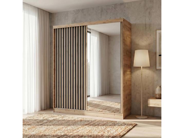 BEAUTYSOFA Kleiderschrank DONATELLO 180 cm Artisan/Schwarz mit Spiegel und Lamellen Schwebetürenschrank modern