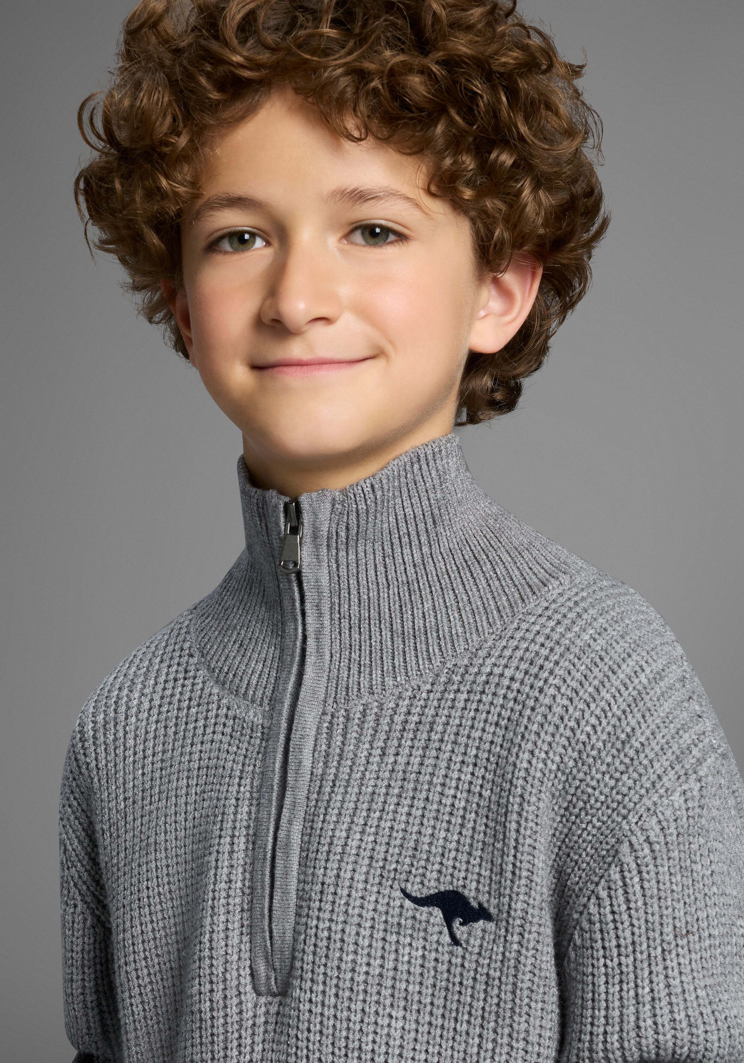 Strickpullover KANGAROOS "Troyer, Pullover mit Zipper", Jungen, Gr. 176/182, grau (graumeliert), Grobstrick, Obermaterial: 50% Viskose, 26% Polyacryl, 24% Polyester, Basic, Rippbündchen, Pullover Strickpullover, Troyer, warmer Pullover graumeliert 176/182