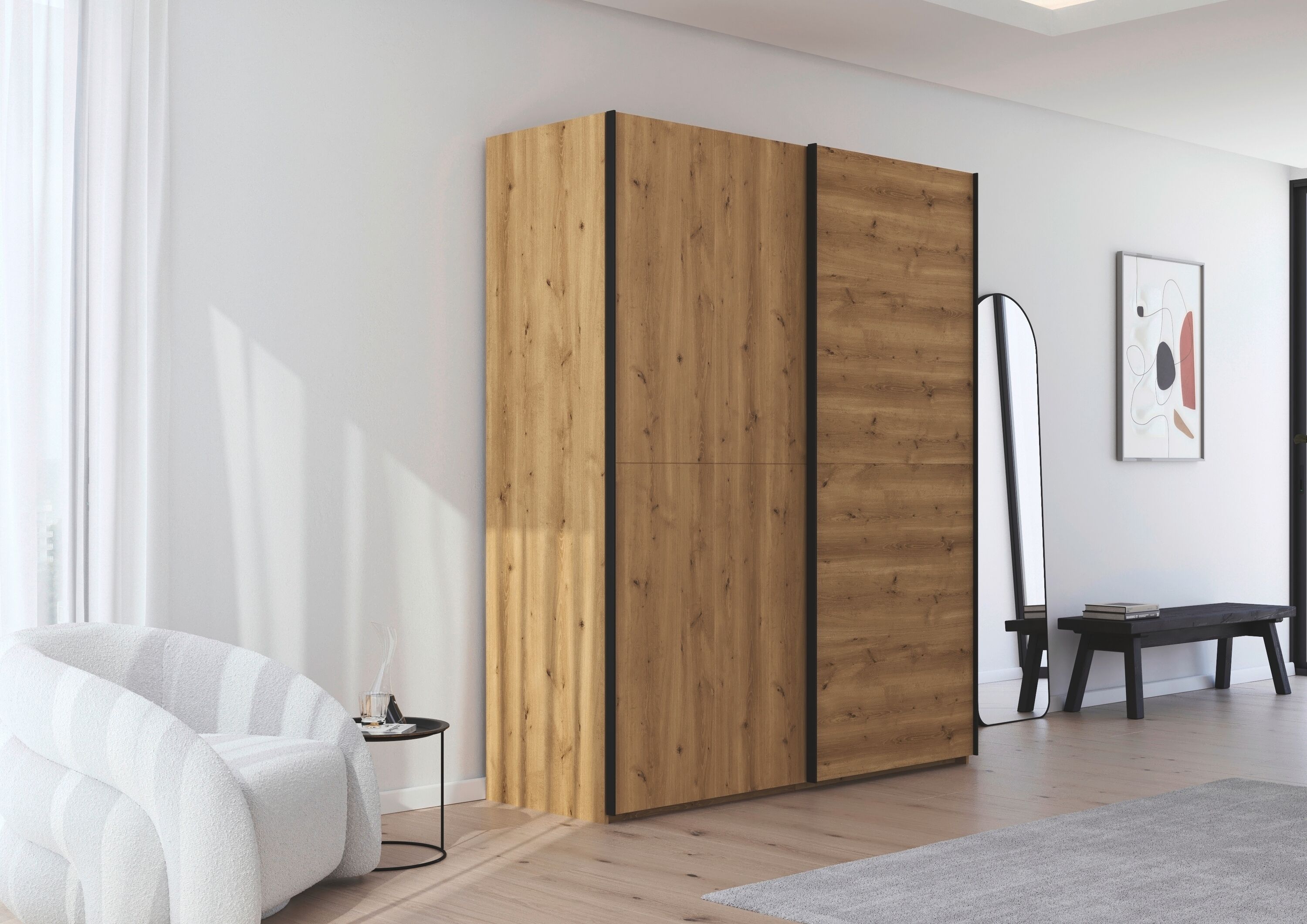 Schwebetürenschrank RAUCH "Kleiderschrank Schrank Garderobe Schlafzimmerschrank SCALE-WOOD", braun (asteiche massiv, griffleisten schwarz), B:181cm H:223cm T:68cm, Holz teilmassiv, Schränke, Schwebetürenschrank, senkrecht geteilte Türen in robuster massiv