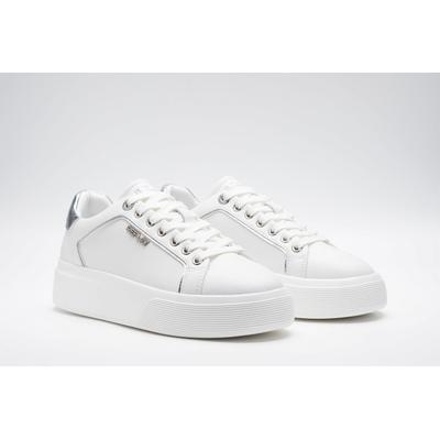 Plateausneaker REPLAY, Damen, Gr. 41, Synthetik Textil, weiß (weiß, silberfarben), Leder, Synthetik, metallic, unifarben mit Farbeinsatz, Schuhe Plateausneaker, Freizeitschuh, Schnürschuh, Halbschuh mit Label