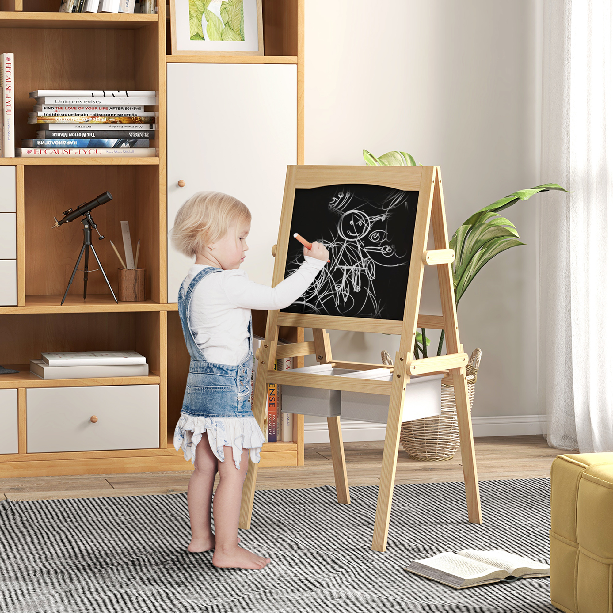 Aiyaplay Lavagna per Bambini con Cavalletto 3 in 1 e Cestini, Età 3-6 anni, 58x50.5x109cm, Color legno Aosom