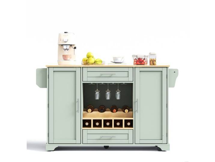 Desserte de cuisine verte à roulettes plateau rabattable porte-bouteilles verres épices et torchon 120x45/70x92 cm
