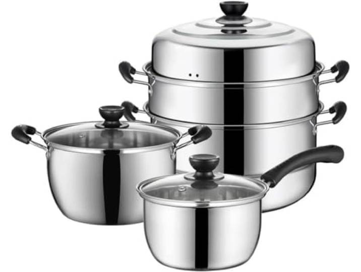 Topfset 3-teiliges Kochtopf-Set, Topf-Set, Kombination Aus Edelstahl, Dampfgarer, Suppentopf, Milchtopf, Haushalts-Kochgeschirr-Sets Kochtopf Set