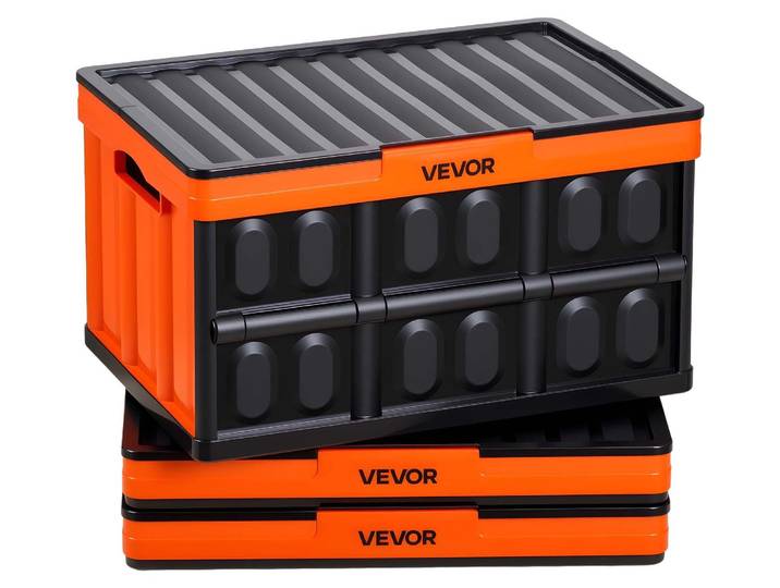 Lot de 3 bacs pliants VEVOR 45 L\, bacs de rangement pliants en plastique\, bacs empilables avec couvercle\, capacité de charge de 20 kg par bac\, bacs pliants\, parfaits pour l'organisation de la maison\, orange et noir
