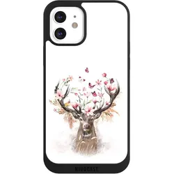 Nivocase Handyhülle für Apple iPhone 12 Hülle NIVOpure Case Schwarz Blumen Hirsch Tiere (Apple iPhone 12), Smartphone Hülle, Schwarz