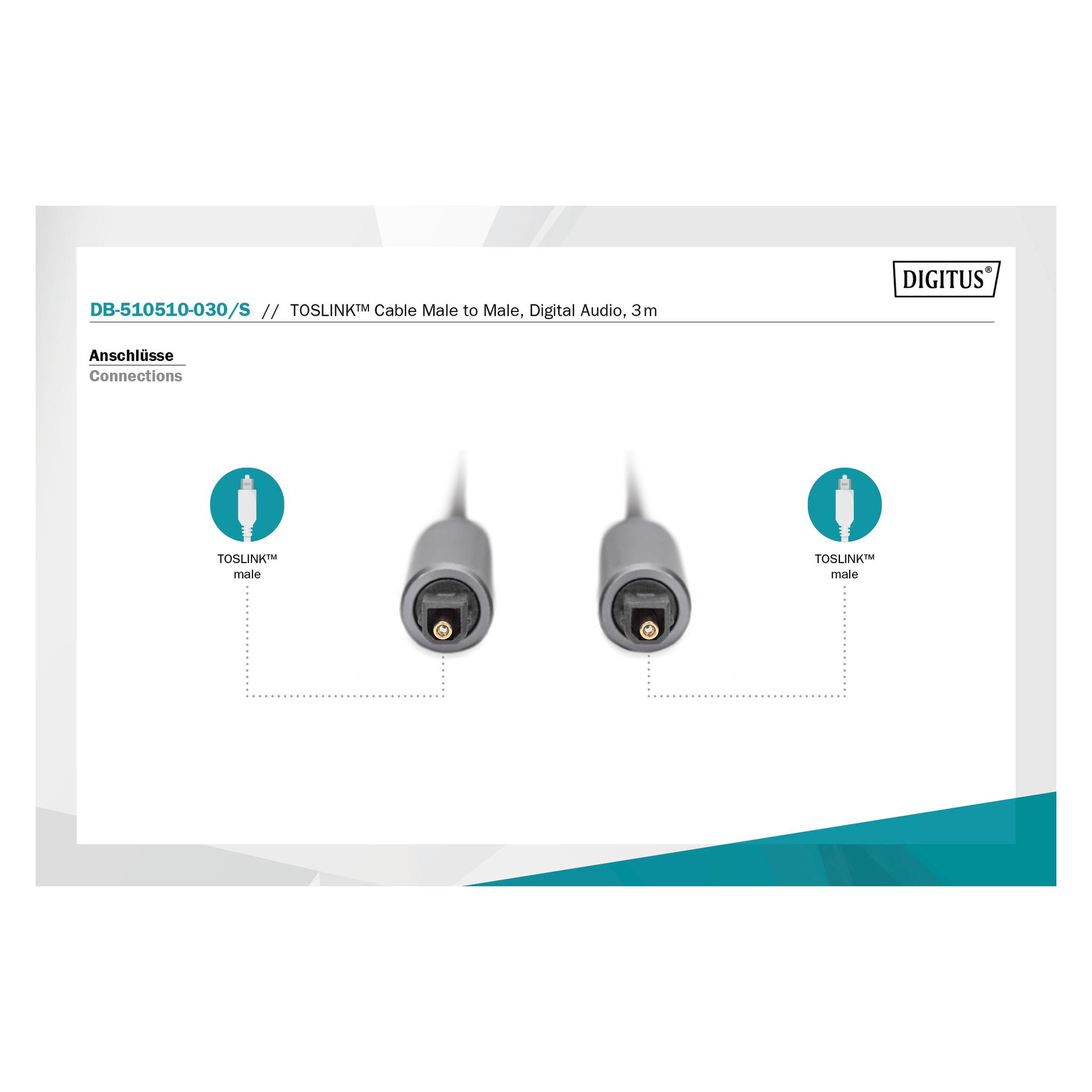 Digitus Toslink - Verbindungskabel, Toslink auf Toslink, 3m (3 m, Toslink Kabel) (DB-510510-030-S)