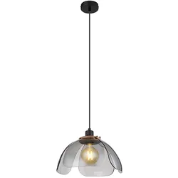 Hängeleuchte Pendellampe Wohnzimmerlampe Esstischleuchte Küchenlampe, Metall schwarz Glas rauchfarben, Glasschirm in Blütenform, E27, D 34 cm