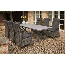 OUTFLEXX Serro Garten-Essgruppe, schwarz/anthrazit/grau, Aluminium/Polyrattan/Steinimitat, Tisch 200/260 x 100 cm, 6 Diningsessel