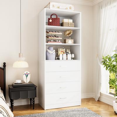 Rackcog Freestanding Closet Organizer with 4 Drawers and 4 Shelves, Wooden Closet System for Walk-in Closet