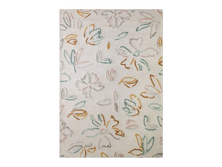 Tapis floral fait main pure laine,viscose, relief, blanc 110x170