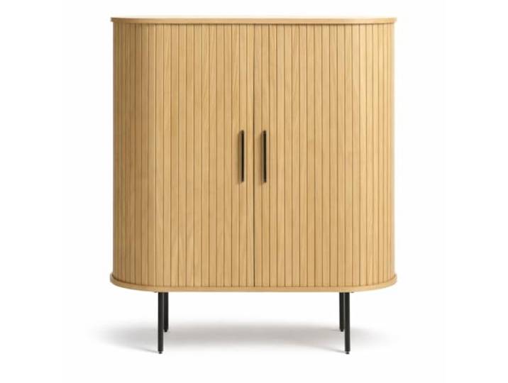 Liadomo Uriel Highboard, Natur, 100x118x40 cm Eiche Furnier, Lamellen-Design, Schiebetüren, moderner Retrolook, Metallakzente, zwei Einlegeböden, Metallbeine in Schwarz