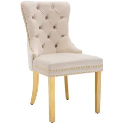 STILVORA Esszimmerstuhl Samt Beige 95x51x66 cm mit Türklopfer Rücken Nagelkopfbesatz vergoldeten Edelstahlbeinen verstellbaren Füßen hoher Sitzkomfort