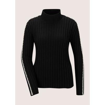 Longpullover MADELEINE "Pullover Rippstrick-Pullover mit Häkelstickerei", Damen, Gr. 44/46, schwarz (schwarz, perlweiß), Modern, slim fit, Pullover Longpullover