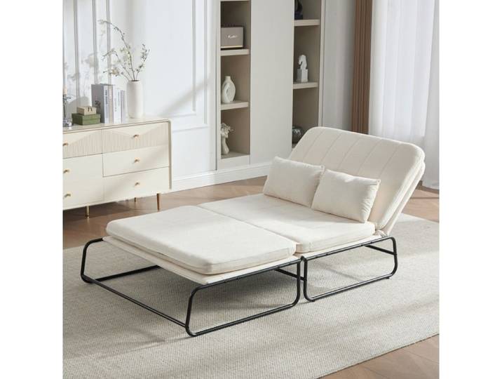 Modenuit Canapé convertible 2 places chenille beige structure métallique avec poches latérales