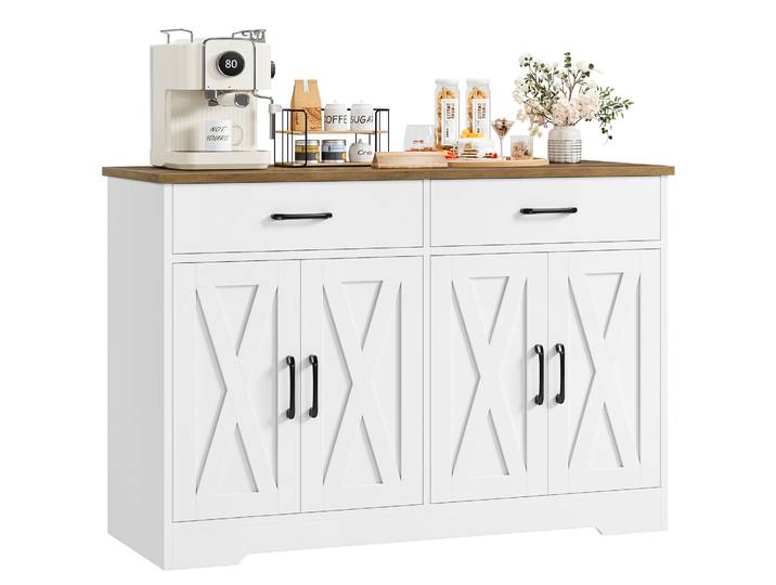 Buffet, armoire de rangement de cuisine de 120 cm de large avec plans de travail, armoire de rangement de cuisine avec 2 tiroirs et 4 portes