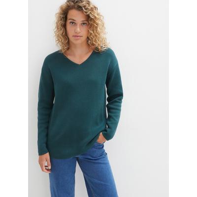 Strickpullover BONPRIX "Milano Rib Pullover mit V-Ausschnitt", Damen, Gr. 36/38 (S), blau (pfeffergrün), Milano Rib;Strick, Obermaterial: 50% Baumwolle, 50% Polyacryl, unifarben, bequem hüftbedeckend, V-Ausschnitt, Strickkante, Pullover...