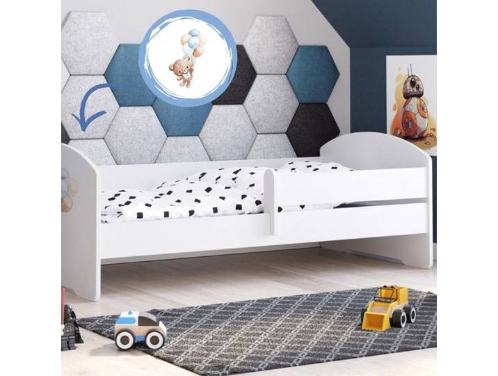 Lit enfant LUK 140 x 70 avec barrière de sécurité et matelas – avec motif d'ourson mignon