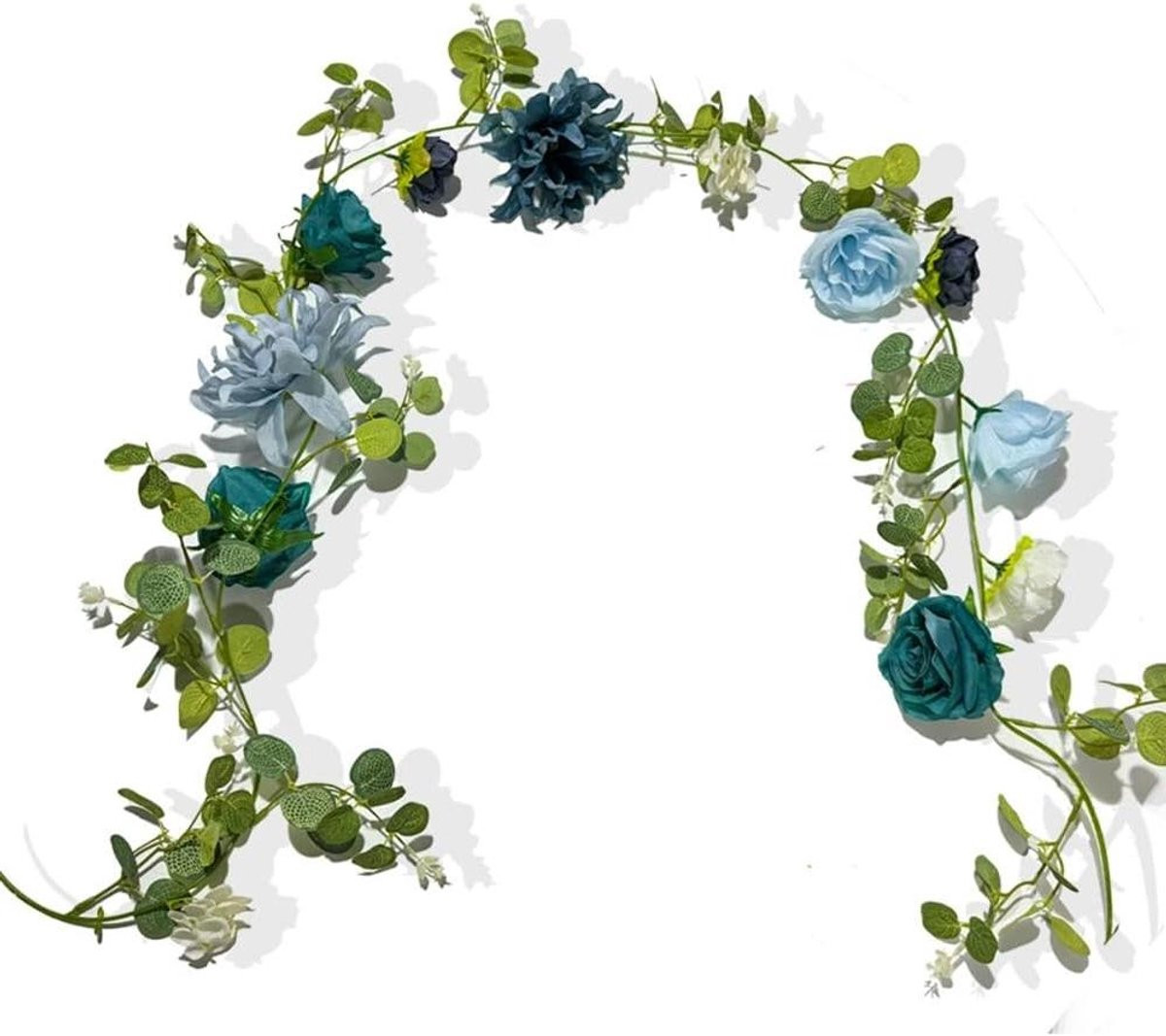 Kunstbloemenslinger met rozen en wijnstok - Blauw Groen - 200 cm
