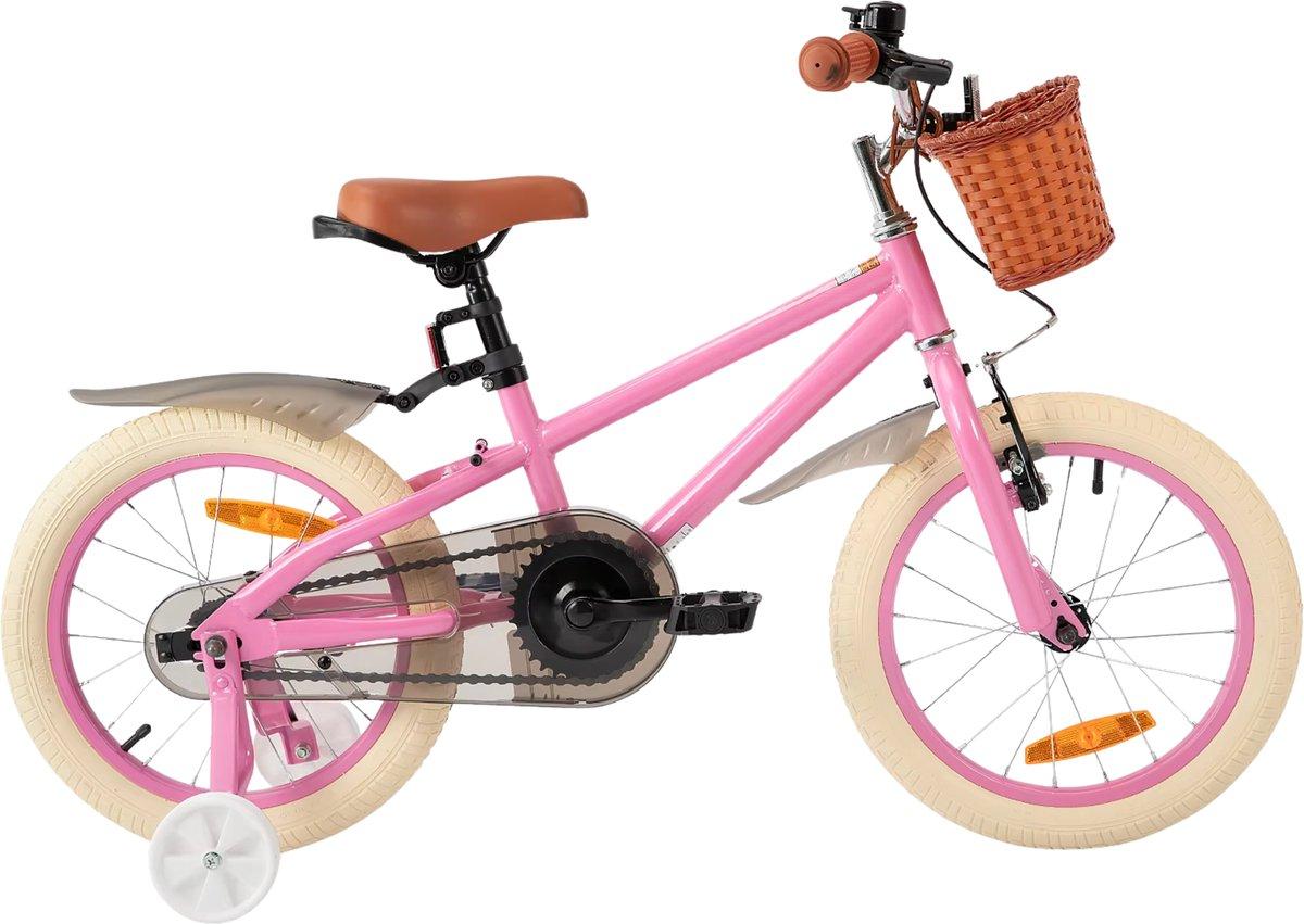 Kinderfahrrad Mädchen 14 Zoll (36 cm) - Mit Stützrädern, Handbremse, Rücktrittbremse & Korb - Rosa