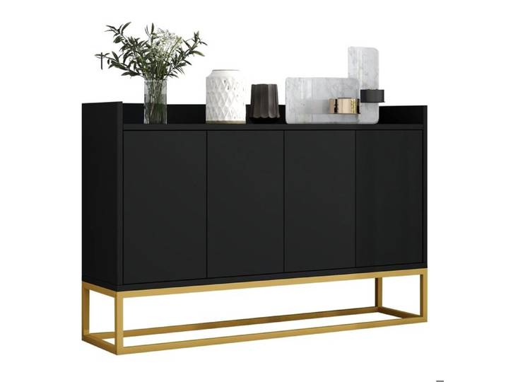Buffet Salon Minimaliste 4 Portes - Style Moderne - Commode Sans Poignées pour Salle à manger Cuisine - 120x30x80cm - Noir