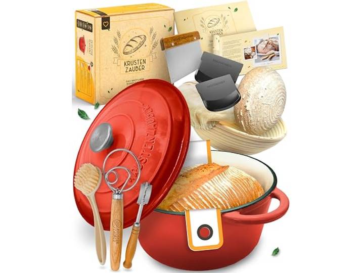 KRUSTENZAUBER Gusseisen Topf Brot Backen im XXL-Set inkl. Brot back Zubehör Geschenkfertige Brotbackform mit Deckel samt Backzubehör & Anleitung für den sicheren Einstieg und gelungenes Brot zu Hause